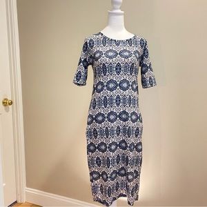 LuLaRoe Women’s Julia Dress Size S gorgeous blue and cream design